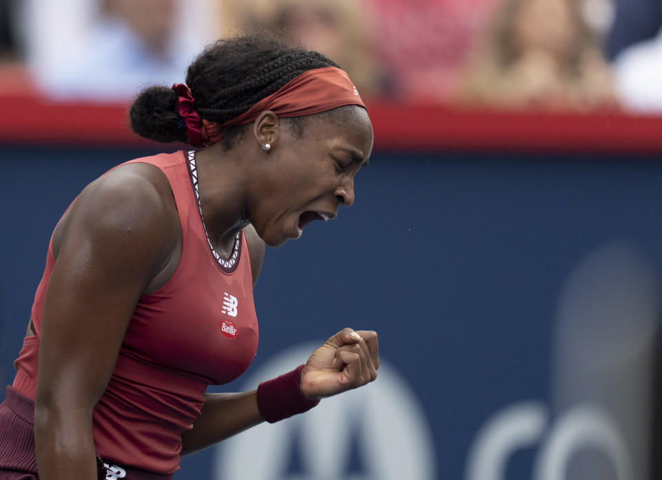 Coco Gauff reacts during her match against Jessica Pegula, both of the United States, during women's quarterfinal action at the National Bank Open tennis tournament in Montreal, Friday, Aug. 11, 2023. (Christinne Muschi/The Canadian Press via AP)