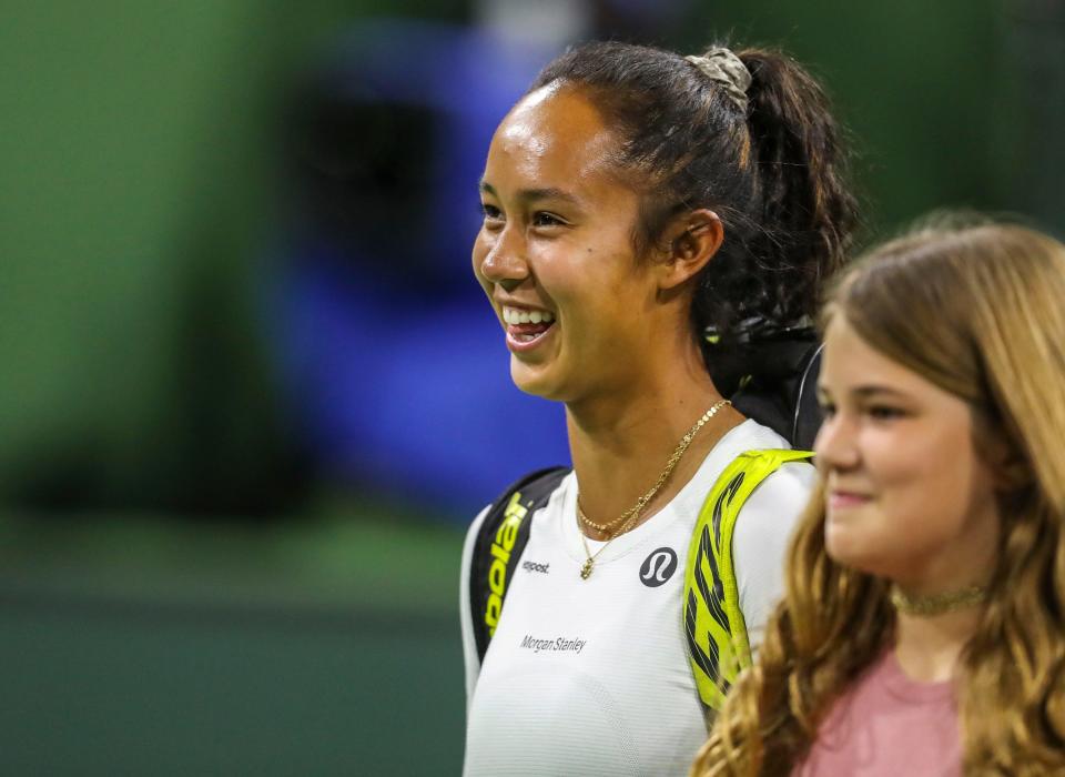 Leylah Fernandez of Canada smiles as she’s announced before the start of the Eisenhower Cup tennis exhibition at Indian Wells Tennis Garden in Indian Wells, Calif., Tuesday, March 8, 2022. 