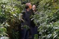 Chip Baker kisses his wife Jessica Baker as they pose for a photo at their marijuana nursery at Baker's Medical, Wednesday, Feb. 26, 2020, in Oklahoma City. When voters in conservative Oklahoma approved medical marijuana in 2018, many thought the rollout would be ploddingly slow and burdened with bureaucracy. Instead, business is booming so much cannabis industry workers and entrepreneurs are moving to Oklahoma from states with more well-established pot cultures, like California, Colorado and Oregon. (AP Photo/Sue Ogrocki)