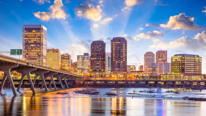 Richmond, Virginia, USA downtown skyline on the James River.