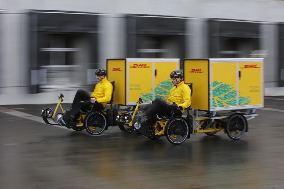 The DHL Cubicycle is customized cargo bike which can carry a container with a load of up to 125kg.