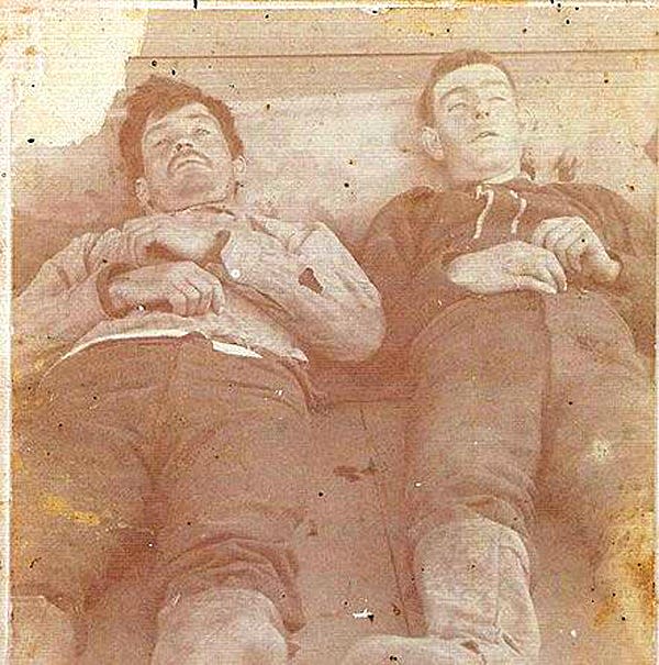 Foster Crawford and Elmer "Kid" Lewis posed on a nearby porch after being lynched in downtown Wichita Falls on Feb.26, 1896.