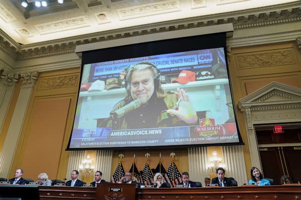 PHOTO: A video of Steve Bannon is displayed on a screen during a hearing of the U.S. House Select Committee to investigate the January 6 Attack on the United States Capitol in Washington, June 16, 2022. (Sarah Silbiger/Reuters)