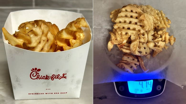 Chick-fil-A fries in container next to fries on food scale