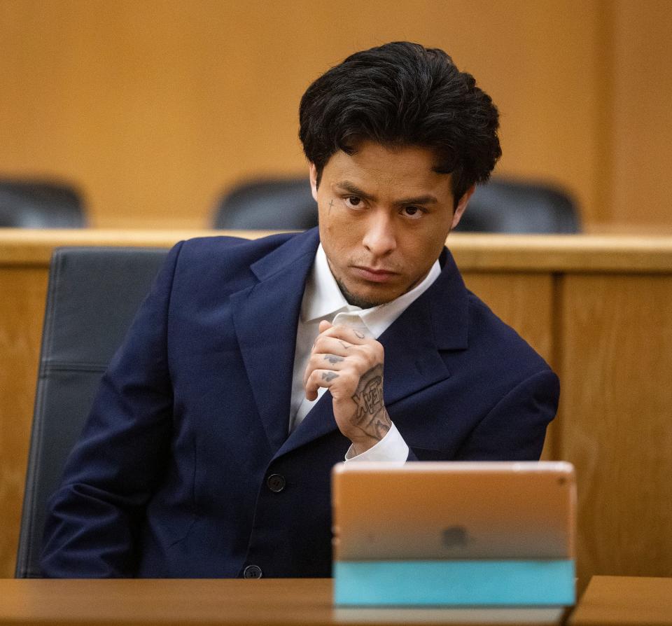 Jo Samuel Lobato at the defense table during jury selection on April 2. Lobato's first trial in the death of Danne Frazier in 2020 ended in mistrial April 16. His new trial date is Sept. 23.