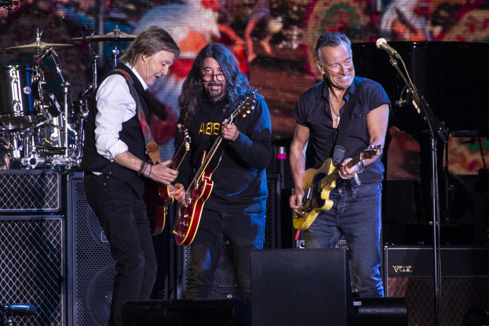 Paul McCartney, from left, Dave Grohl and Bruce Springsteen perform at Glastonbury Festival in Worthy Farm, Somerset, England, Saturday, June 25, 2022. (Photo by Joel C Ryan/Invision/AP)