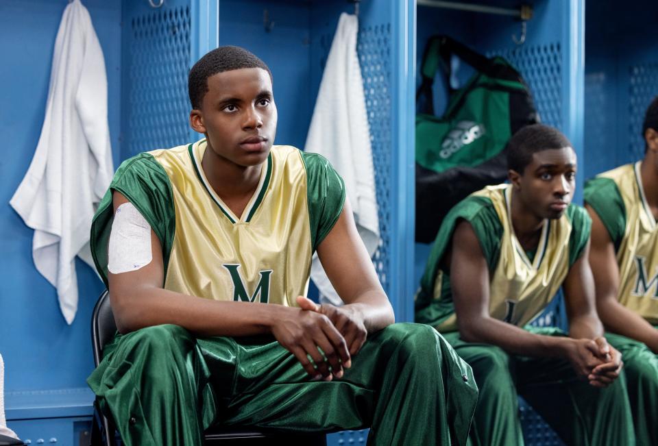 Mookie Cook (left, with Caleb McLaughlin) stars as a young LeBron James in the basketball biopic "Shooting Stars."