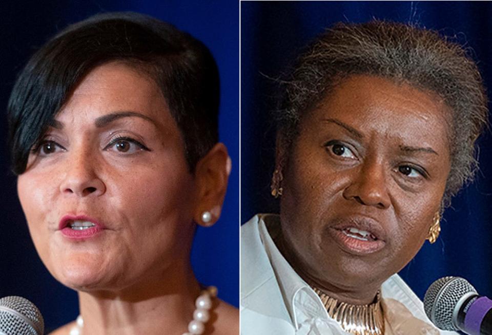 This photo combo shows from left, shows Virginia Democratic Lt. Governor candidate Hala Ayala and Virginia Republican Lt. Governor candidate Winsome Sears on Sept. 1, 2021 in McLean, Va.