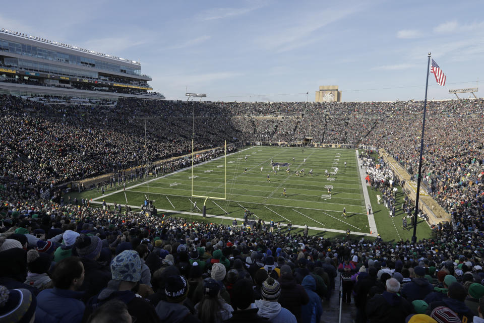 FILE - In this Nov. 16, 2019, file photo, fans wait for Notre Dame and Navy to play in an NCAA college football game, in South Bend, Ind. In a quirk this season, No. 5 Notre Dame enjoys a greater home-field advantage than most of its opponents: As of now, the Fighting Irish are slated to play in front of only one crowd bigger than their own, which is limited to about 10,000 people because of the pandemic. (AP Photo/Darron Cummings, File)