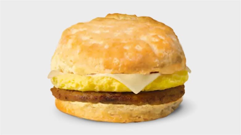 egg and sausage on biscuit
