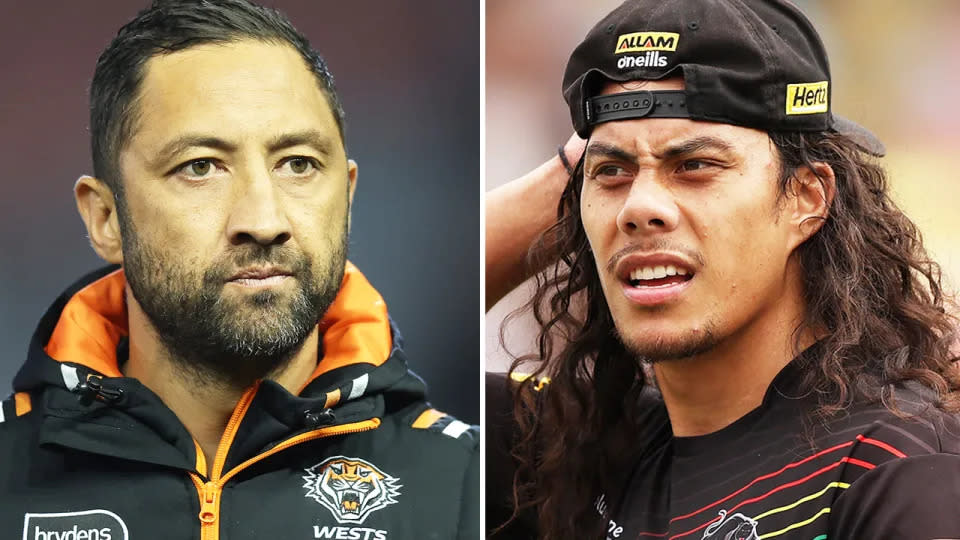 Pictured right is Penrith NRL star Jarome Luai and Wests Tigers coach Benji Marshall on left.