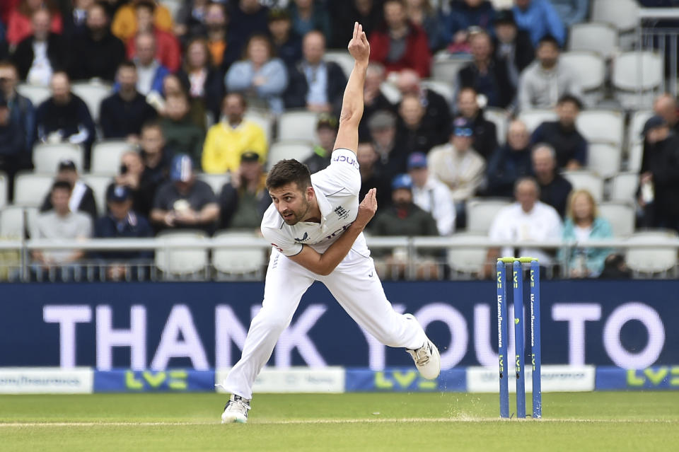 England's Mark Wood bowls a delivery during the fourth day of the fourth Ashes Test match between England and Australia at Old Trafford, Manchester, England, Saturday, July 22, 2023. (AP Photo/Rui Vieira)