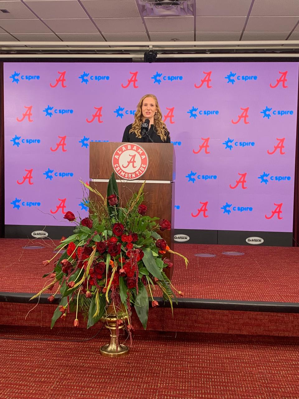 Alabama gymnastic coach Ashley Priess-Johnston at her introductory press conference at the Mal Moore Facility.