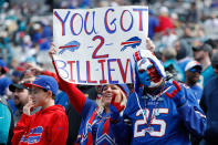 <p>Fans hold up a sign before the start of the AFC Wild Card Playoff game between the Buffalo Bills and Jacksonville Jaguars at EverBank Field on January 7, 2018 in Jacksonville, Florida. (Photo by Scott Halleran/Getty Images) </p>