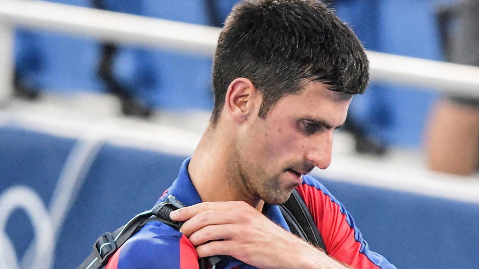 Pictured here, Novak Djokovic leaves Tokyo empty handed after failing to win a medal in singles or doubles. 