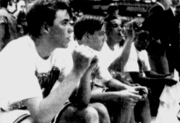 In this file photo from March 28, 1992, Hendersonville's boys basketball players sit on the bench during the 1992 finals against Bladenboro in Chapel Hill. From right are Bobby Britt, Jason Thomas, Brian Rowe and Miquel Lammons.