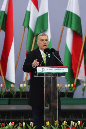 Hungary's Prime Minister Viktor Orban speaks during Hungary's National Day celebrations, which also commemorates the 1848 Hungarian Revolution against the Habsburg monarchy, in Budapest, Hungary, March 15, 2018. REUTERS/Marko Djurica/Files