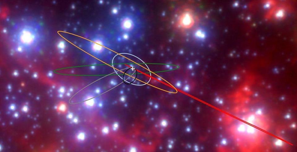 Image shows orbits of the G objects at the center of our galaxy, with the supermassive black hole indicated with a white cross. Stars, gas and dust are in the background. / Credit: Anna Ciurlo, Tuan Do/UCLA Galactic Center Group