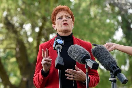 Leader of Australia's One Nation Party, Pauline Hanson, speaks during a news conference in Brisbane, Australia, July 4, 2016. AAP/Dan Peled/REUTERS