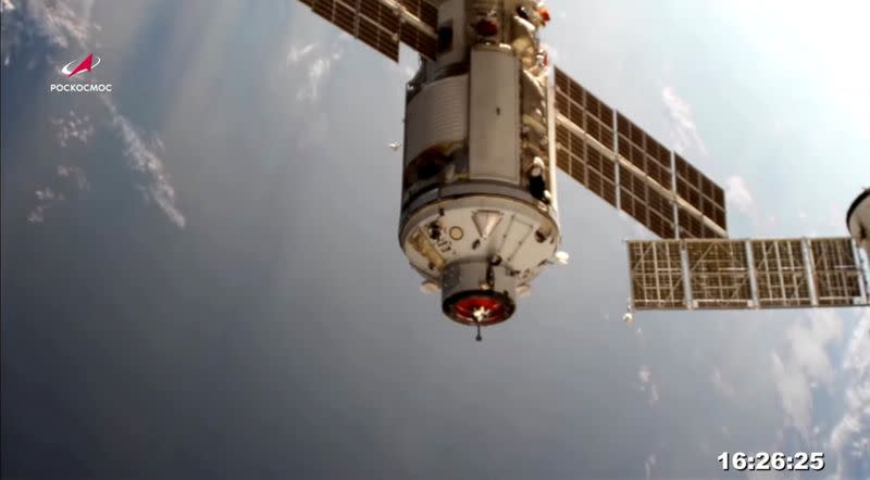 The Nauka (Science) Multipurpose Laboratory Module is seen during its docking to the International Space Station (ISS)