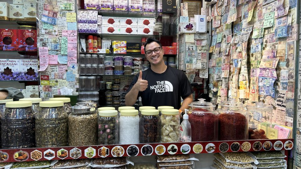 Rashid Haghaght, pictured, runs Zafran Isfahan Herbs Trading Co, a store in the spice souk. - Rebecca Cairns/CNN