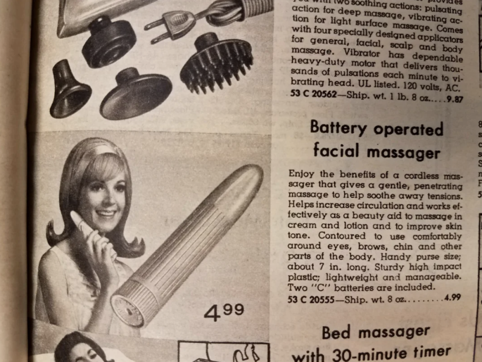 An advertisement showing various battery-operated facial massagers, including an image of a woman using one. The text highlights features and prices