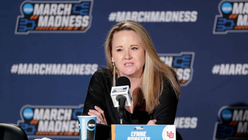 Utah head coach Lynne Roberts speaks during a press conference after a second-round college game against Gonzaga in the NCAA Tournament in Spokane, Wash., Monday, March 25, 2024.