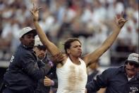 General view of a fan who ran unto the field during the 1998 World Series Game 3 betweem the New York Yankees and the San Diego Padres at Qualcomm Stadium in San Diego, California. The Yankees defeated the Padres 5-4. (Photo by Al Bello/Allsport)