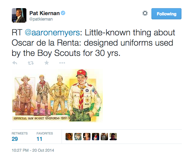 “RT @aaronemyers: Little-known thing about Oscar de la Renta: designed uniforms used by the Boy Scouts for 30 yrs.”