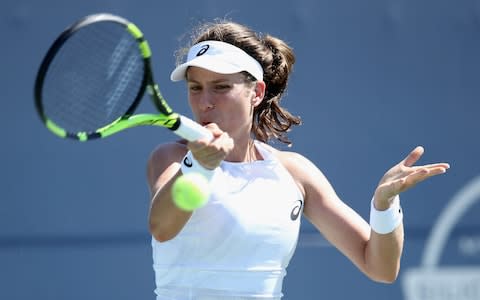 Johanna Konta of Great Britain returns a shot to Sofia Kenin of the United States during Day 3 of the Mubadala Silicon Valley Classic at Spartan Tennis Complex on August 1, 2018 in San Jose, California - Credit: Getty Images 