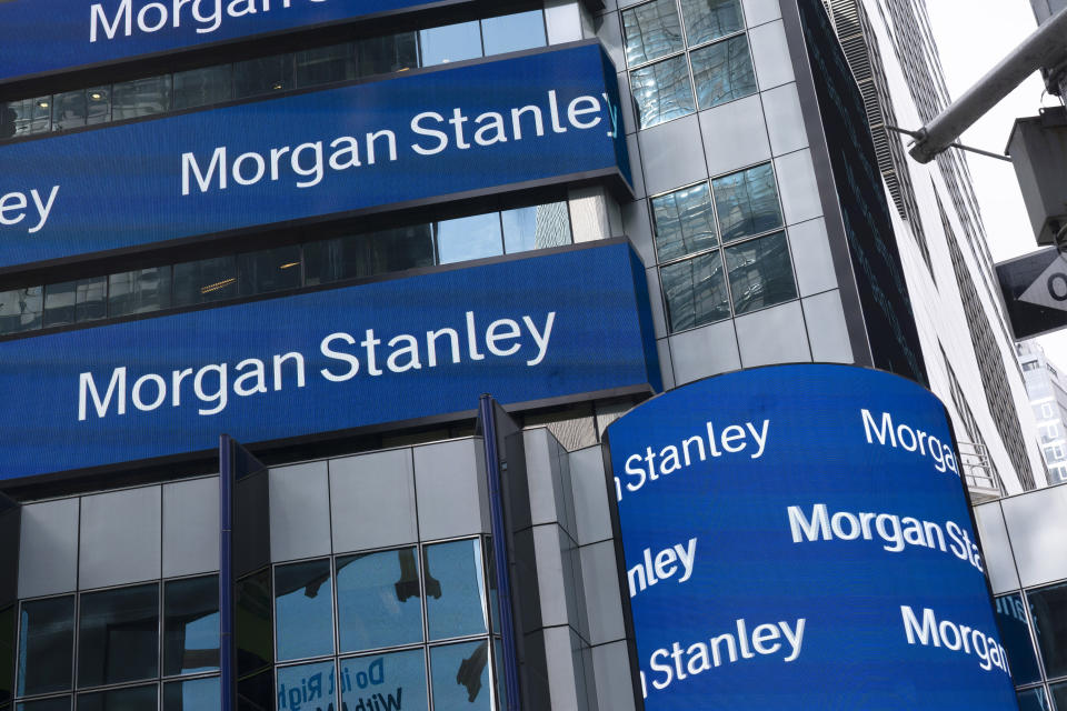 FILE - Electronic signage is shown at Morgan Stanley headquarters on March 4, 2021 in New York. Morgan Stanley announced on Wednesday that bank veteran Ted Pick will succeed long-time CEO James Gorman effective Jan. 1. (AP Photo/Mark Lennihan, File)