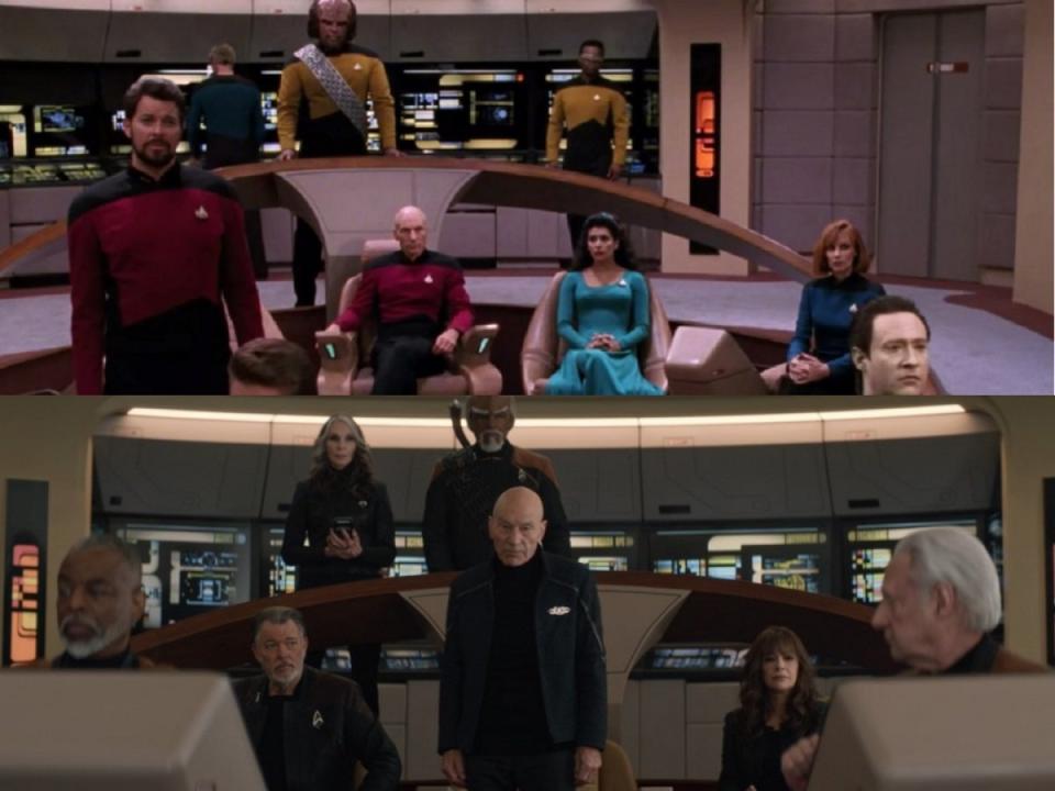 The starship Enterprise-D bridge on Star Trek: The Next Generation, and 33 years later on Star Trek: Picard.