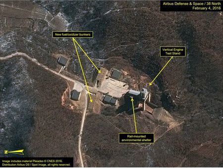 Airbus Defense & Space and 38 North satellite imagery from February 4, 2016 shows the Sohae Satellite Launching Station in North Korea in this image released on February 5, 2016. REUTERS/Airbus Defense & Space and 38 North/Handout via Reuters