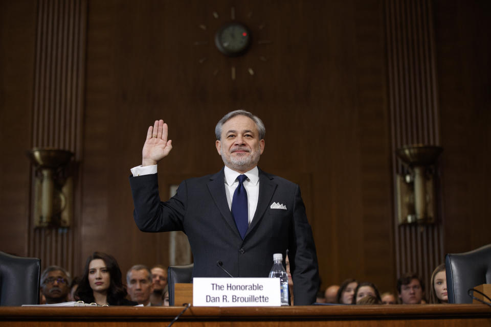 Secretary of Energy nominee Dan Brouillette is sworn for a hearing on his nomination, Thursday, Nov. 14, 2019, on Capitol Hill in Washington. (AP Photo/Jacquelyn Martin)