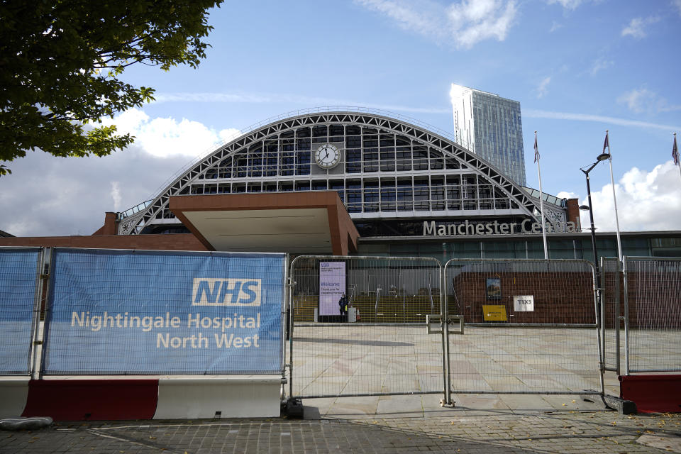 MANCHESTER, ENGLAND - OCTOBER 15: A general view of the NHS Nightingale Hospital North West at Manchester Central on October 15, 2020 in Manchester, England. Manchester was placed in the second of three alert levels this week when the British government introduced a new system for assessing covid-19 risk. However, the Manchester area fears it may be moved into tier 3 "High Alert as it has reported some of the highest numbers of new cases per 100,000 residents. (Photo by Christopher Furlong/Getty Images)