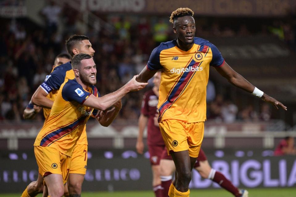 Tammy Abraham (right) celebrates scoring Roma’s second goal in their 3-0 Serie A win at Torino (Spada/LaPresse via AP) (AP)