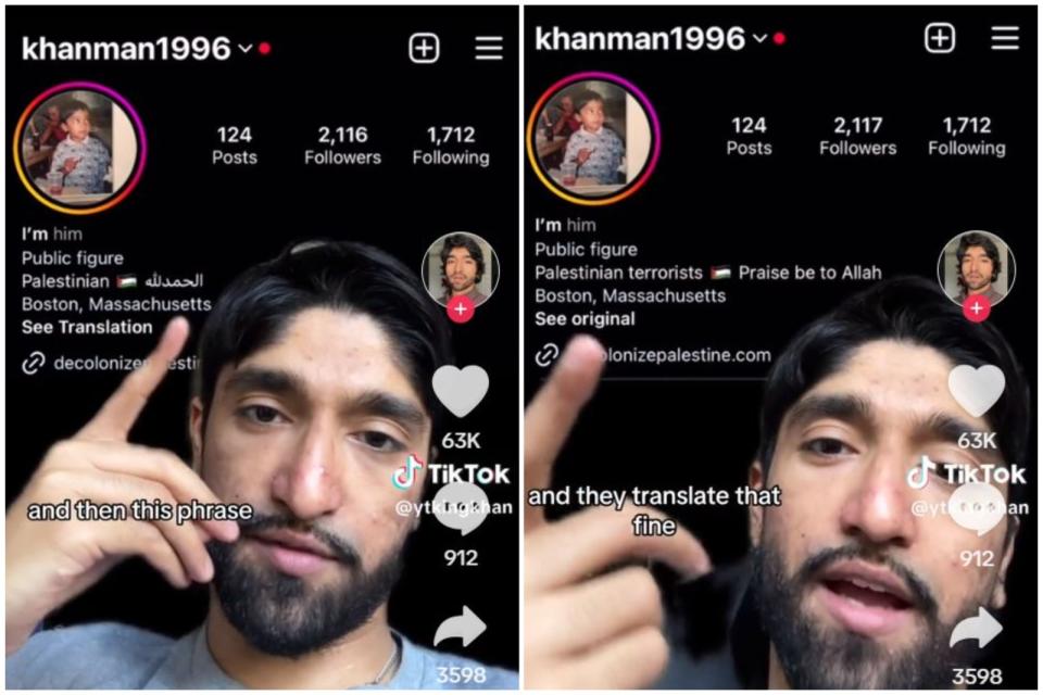 網友YtKingKhan在TikTok講述Instagram如何把英文「巴勒斯坦人」和阿拉伯文「感讚真主」翻譯成「巴勒斯坦恐怖分子讚美真主」。翻攝YtKingKhan