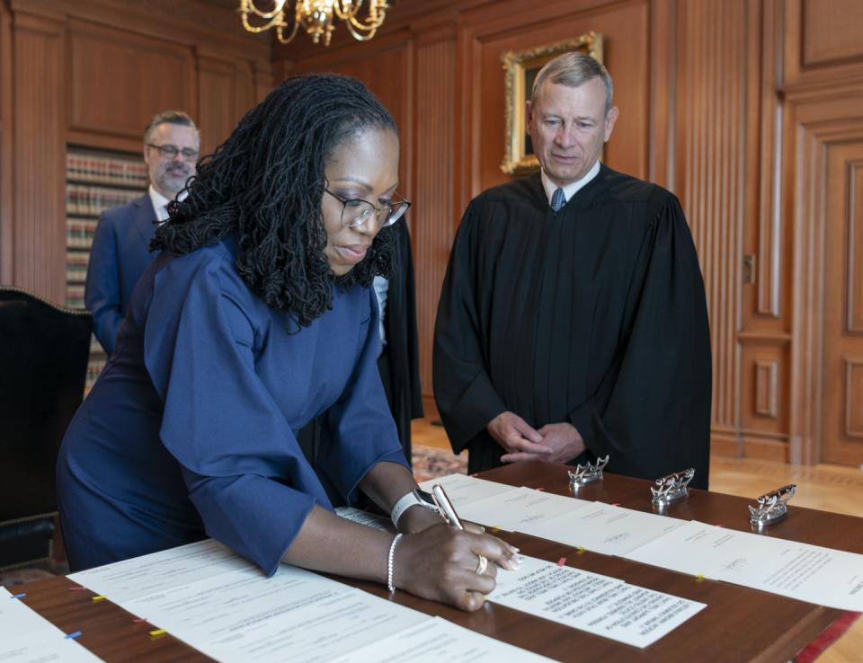 <span class="caption">Ketanji Brown Jackson is the first Black woman to serve on the highest court in the land.</span> <span class="attribution"><a class="link " href="https://www.gettyimages.com/detail/news-photo/in-this-handout-provided-by-the-supreme-court-chief-justice-news-photo/1241630923?adppopup=true" rel="nofollow noopener" target="_blank" data-ylk="slk:Fred Schilling/Collection of the Supreme Court of the United States via Getty Images);elm:context_link;itc:0;sec:content-canvas">Fred Schilling/Collection of the Supreme Court of the United States via Getty Images)</a></span>