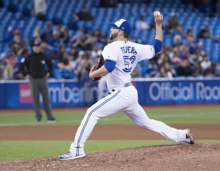 May 20, 2019; Toronto, Ontario, CAN;Toronto Blue Jays relief pitcher Ryan Tepera (52) throws a pitch during the ninth inning against the Boston Red Sox at Rogers Centre. Mandatory Credit: Nick Turchiaro-USA TODAY Sports