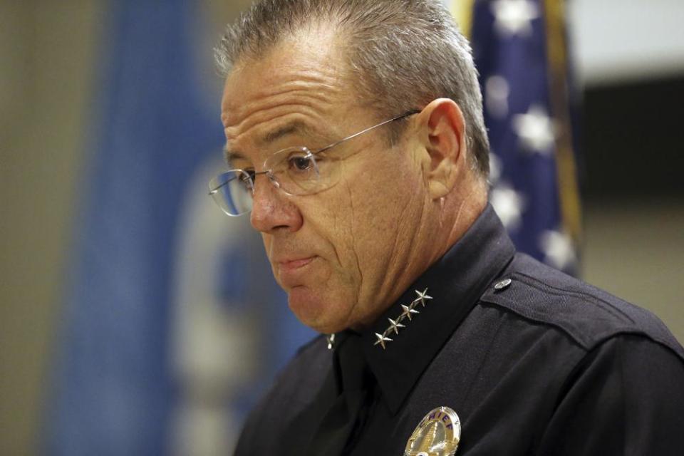 The LAPD chief, Michel Moore, speaks at a news conference.