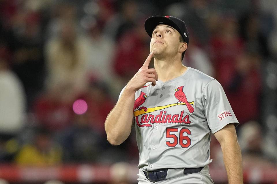 St. Louis Cardinals relief pitcher Ryan Helsley gestures after the Cardinals defeated the Los Angeles Angels 7-6 in a baseball game Tuesday, May 14, 2024, in Anaheim, Calif. (AP Photo/Mark J. Terrill)