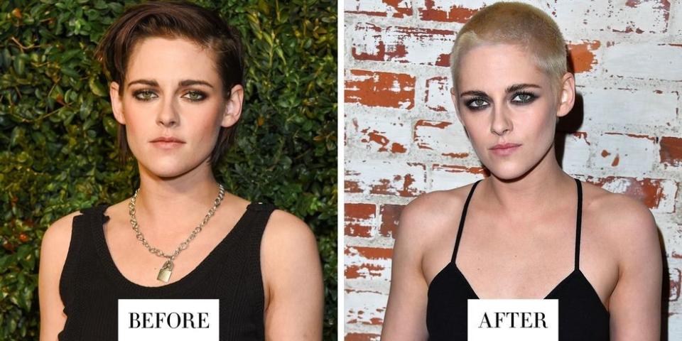 <p><strong>When:</strong> 8 March</p><p><strong>Style change:</strong> Stewart made the bold move to shave off her brunette pixie cut and bleach her new buzz cut blonde. The actress debuted her daring new style at a screening of her new film, <em>Personal Shopper</em><span>.</span></p>