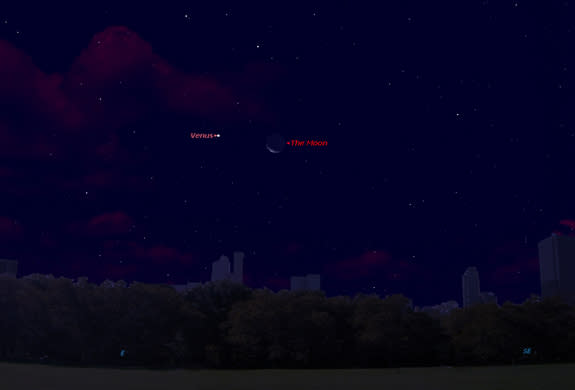 This sky map shows the location of Venus and the moon together on Friday, Oct. 12, before sunrise as it appears to observers in mid-latitudes.