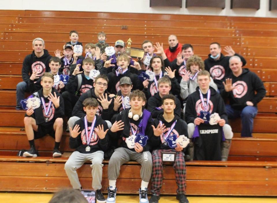 The Canisteo-Greenwood Redskins celebrate their 5th straight Section V Wrestling Championship as a team.