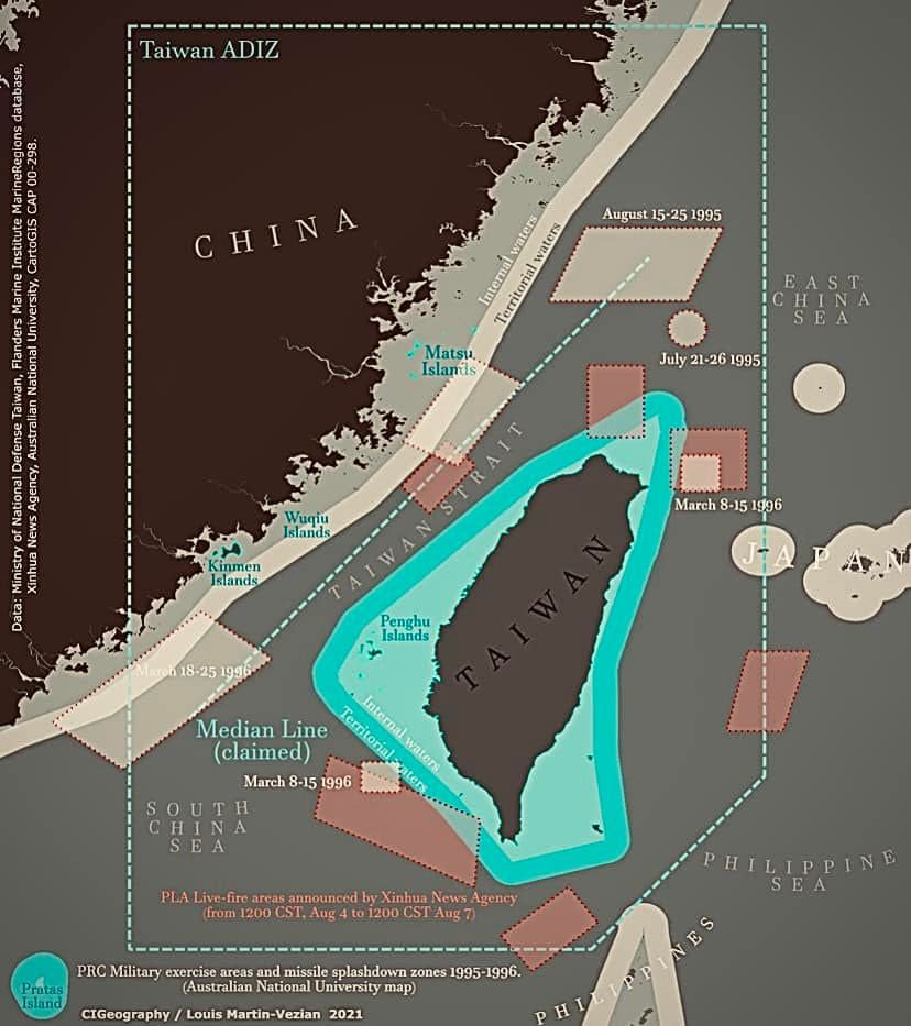 中國此次軍演範圍超過1996年的飛彈危機，已越過台灣海峽中線與防空識別區，形同改變台海現狀。圖／翻拍自CIGeography