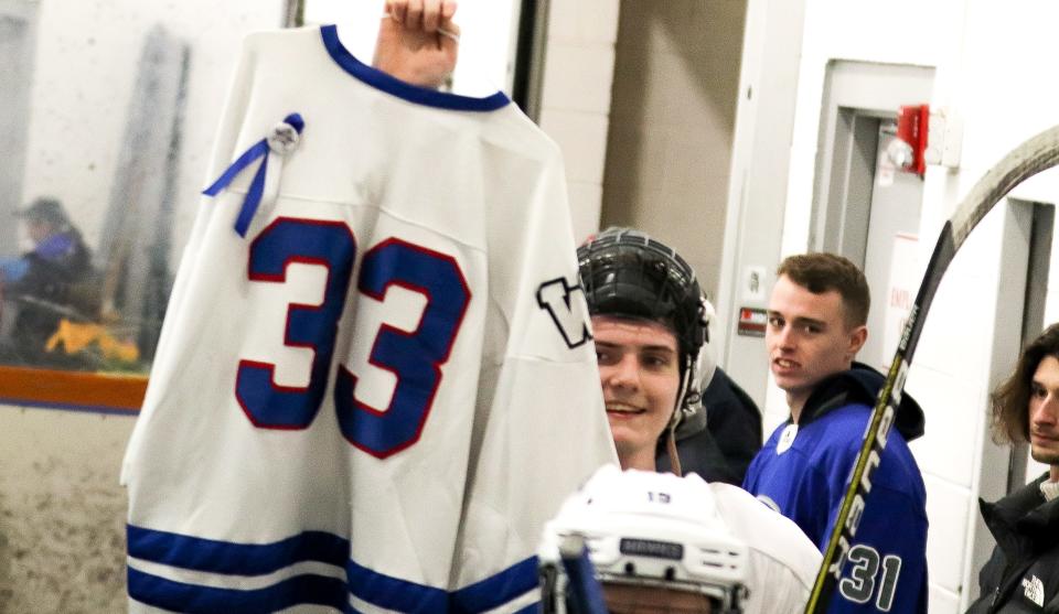 The Southeastern/Bristol-Plymouth hockey team honored Dylan Quinn during a game against South Shore Tech at Raynham IcePlex on Saturday, Jan. 21, 2023.