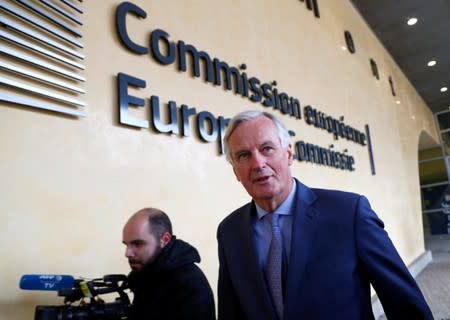 EU's Chief Brexit Negotiator Michel Barnier leaves the EU Commission after a meeting with Britain's Brexit Secretary Stephen Barclay in Brussels