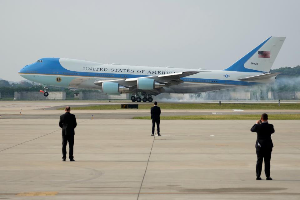 Air Force One carrying President Joe Biden touches down at Osan Air Base on Friday in Pyeongtaek, South Korea. Biden arrived in South Korea for his first summit with his South Korean counterpart Yoon Suk-yeol on a range of issues, including North Korea's nuclear program and supply chain risks.