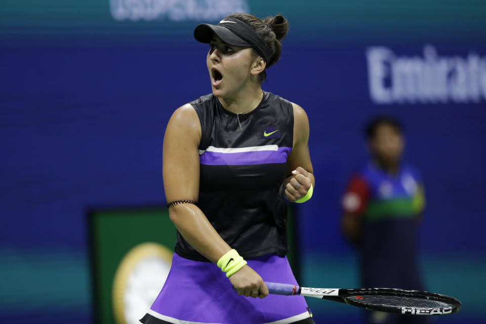 Bianca Andreescu, of Canada, reacts after scoring a point against Belinda Bencic, of Switzerland, during the semifinals of the U.S. Open tennis championships Thursday, Sept. 5, 2019, in New York. (AP Photo/Adam Hunger)