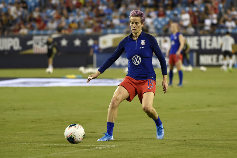 United States' Megan Rapinoe warms up prior to a women's soccer match between South Korea and the United States on Thursday, Oct. 3, 2019, in Charlotte, N.C. (AP Photo/Mike McCarn)